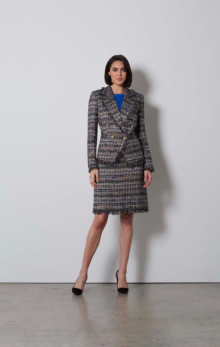 Women's Chanel-Style Tweed Jacket - Extra Length and Fringe / Gray