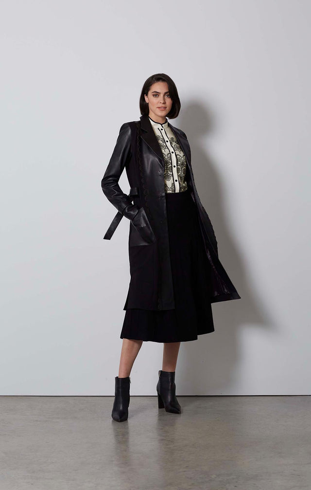 VANGUARD-SCALLOPED LEATHER & PONTE TRENCH-5-JK-1710-ON MODEL