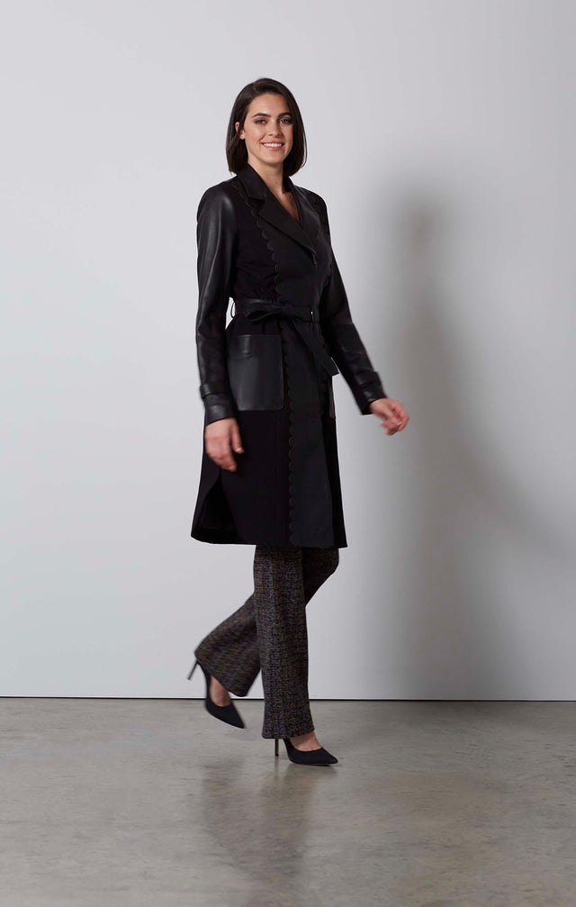 VANGUARD-SCALLOPED LEATHER & PONTE TRENCH-5-JK-1710-ON MODEL