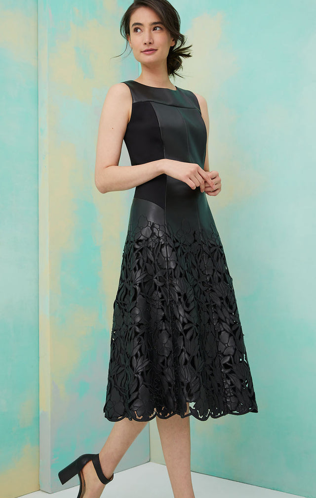 Audran - Rose-Embroidered Black Faux-Leather Dress - IMAGE