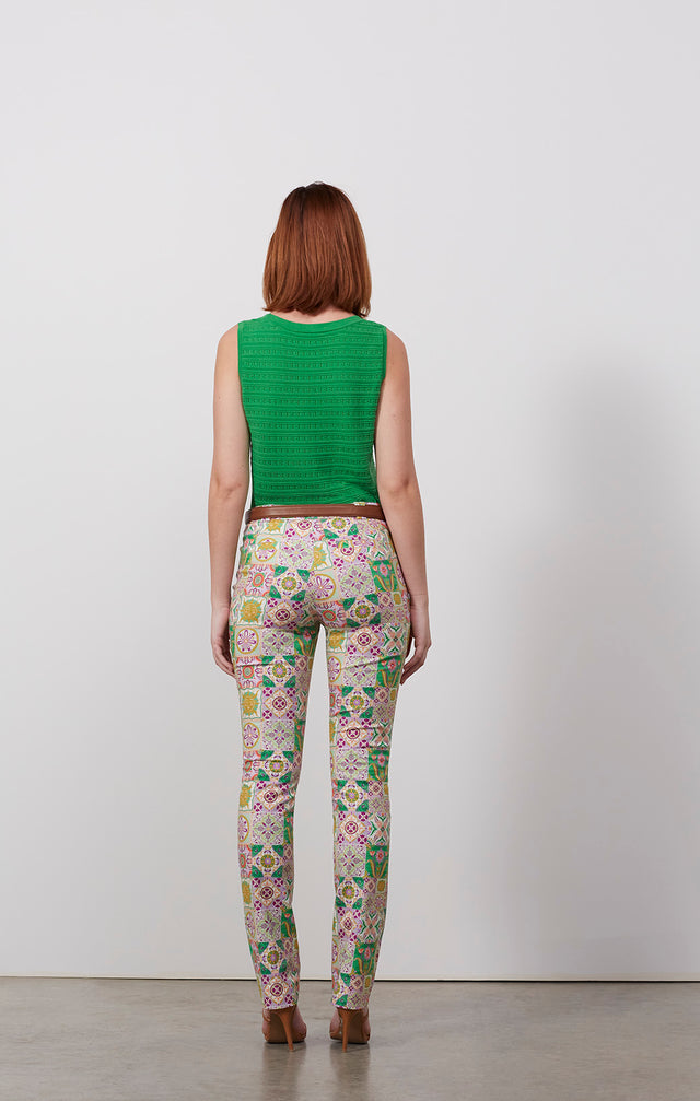 Ecomm photo of a model wearing the Alcazar pants, which is a Tile-Printed Sateen Jeans