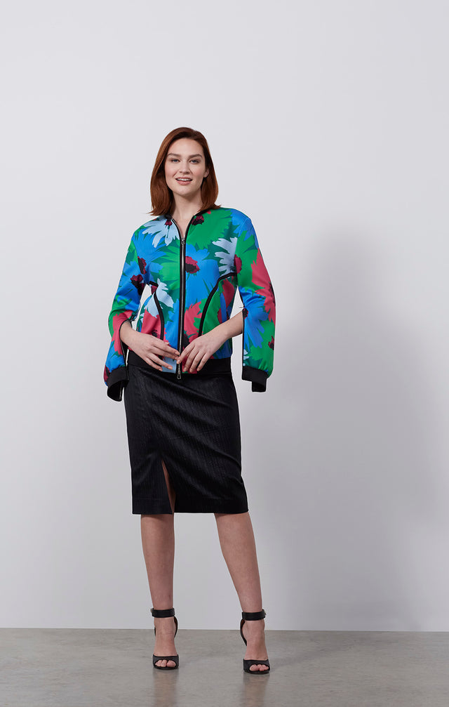 Ecomm photo of a model wearing the Prado jacket, which is a floral print ponte knit jacket.