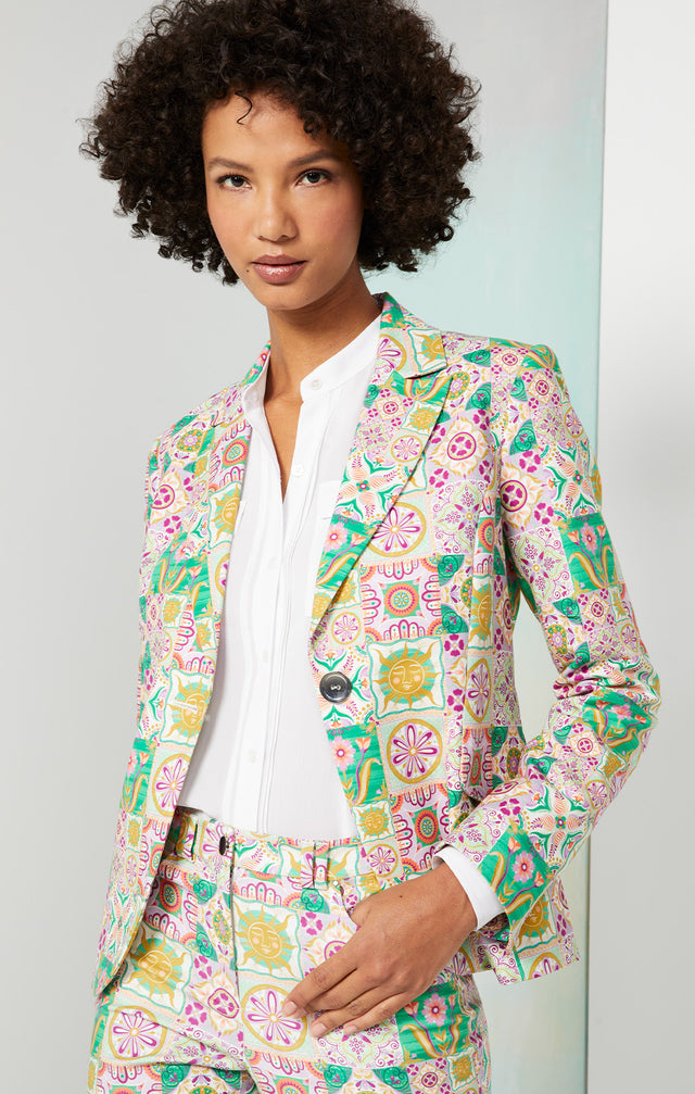 Lookbook photo of a model wearing the Alcazar jacket, which is a Tile-Printed Sateen Jacket.