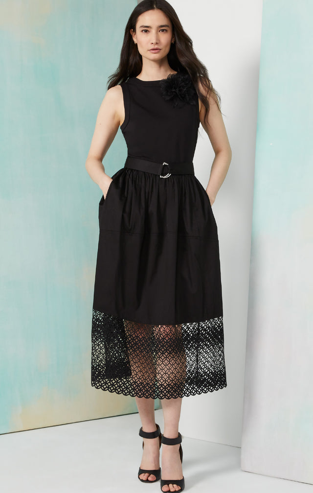 Lookbook photo of a model wearing the Tempranillo dress, which is a belted dress In ponte, shirting, & lace.