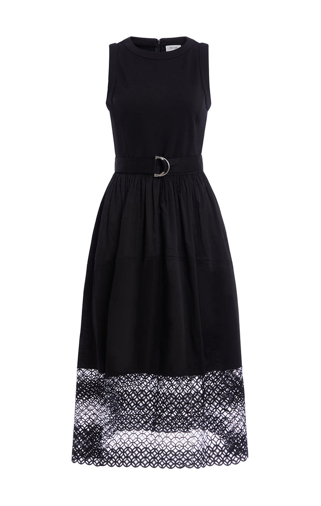 Tempranillo - Belted Dress In Ponte, Shirting, & Lace - Product Image