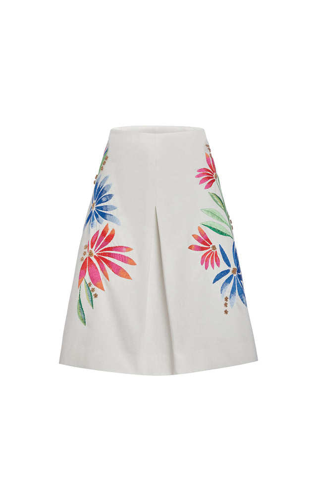 Iberia - Embroidered White Cotton Sateen Skirt - Product Image