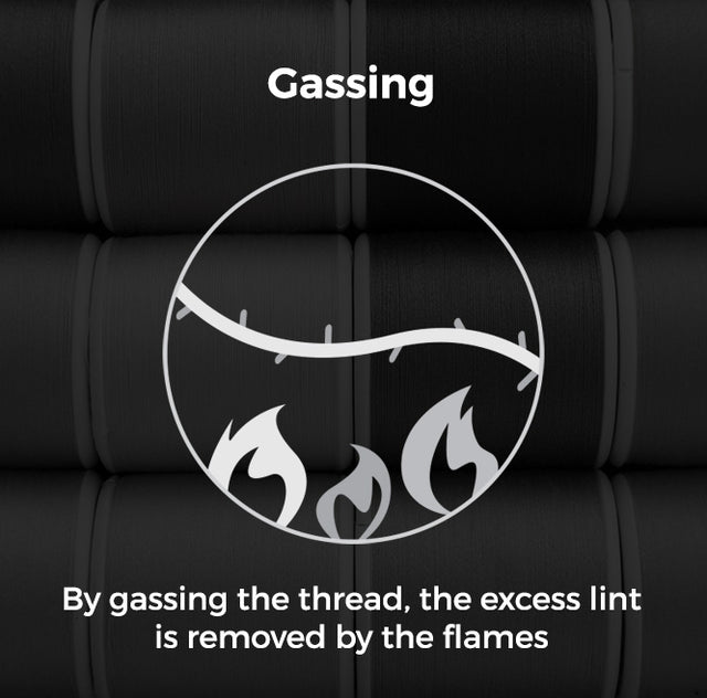 Gassing - by gassing the thread, the excess lint is removed by the flames.