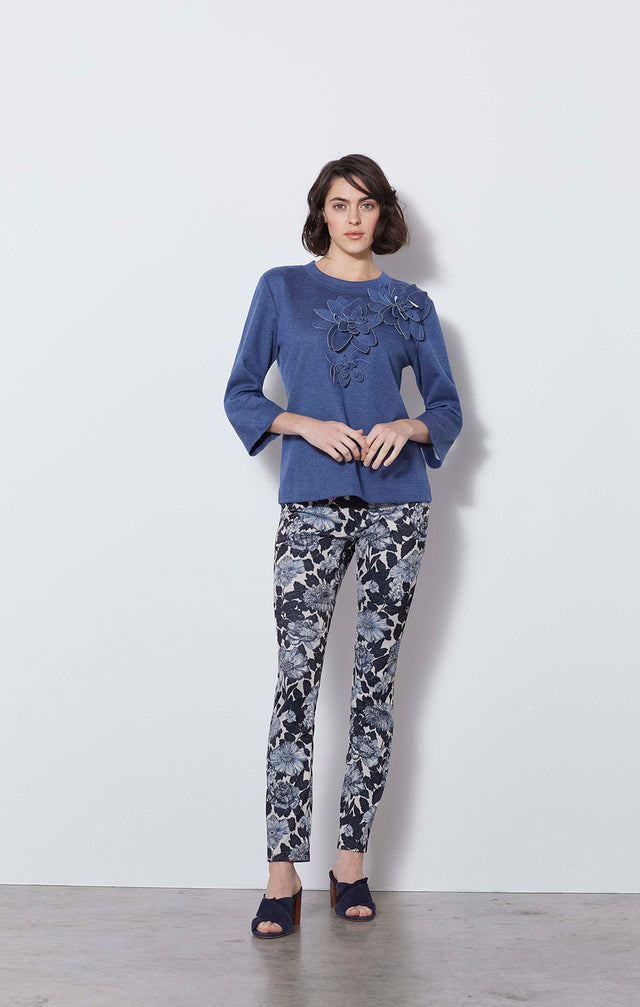 Thistle Mum - Floral Italian Jacquard Jeans - On Model