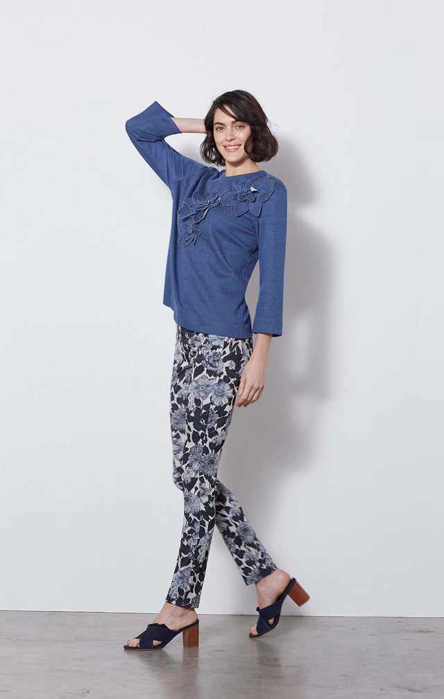 Thistle Mum - Floral Italian Jacquard Jeans - On Model