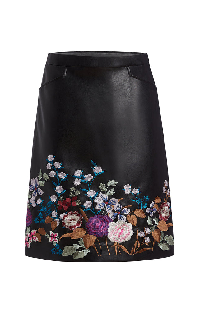 Fragrant - Flower-Embroidered Leather-Look Skirt -  Product Image